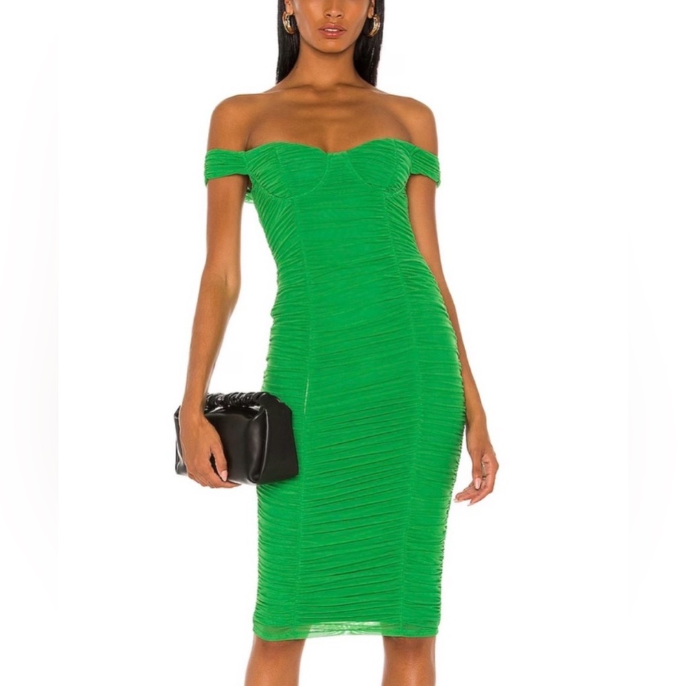 NEW MAJORELLE Tabitha Vibrant Green Ruched Off-Shoulder Midi Dress Size‎ XS